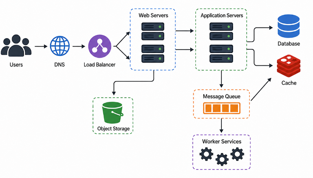 Diagrama de arquitetura: usuários passam por DNS, Load Balancer, Web Servers e Application Servers, que acessam Database e Cache; Load Balancer também aponta para Object Storage, e Application Servers para uma Message Queue que alimenta Worker Services, os quais também escrevem no Cache