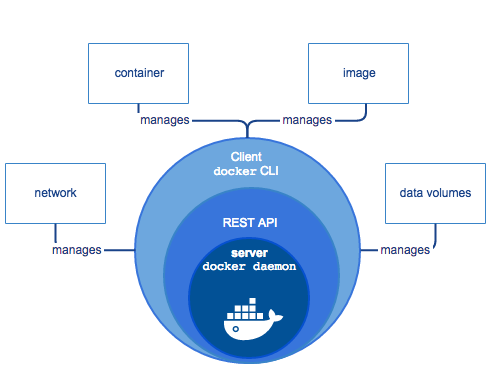 Docker CLI, REST API e daemon gerenciando containers, imagens, redes e volumes