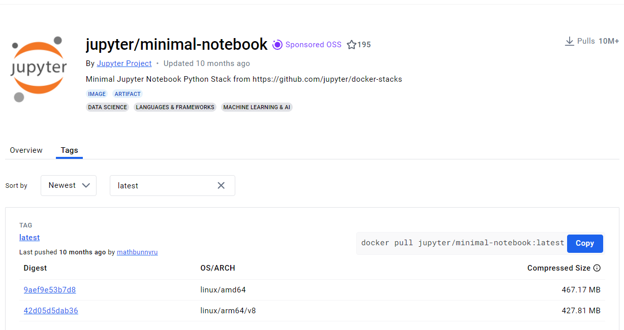 Página da imagem jupyter/minimal-notebook no Docker Hub, mostrando tags
