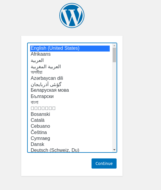 Tela de seleção de idioma do instalador do WordPress