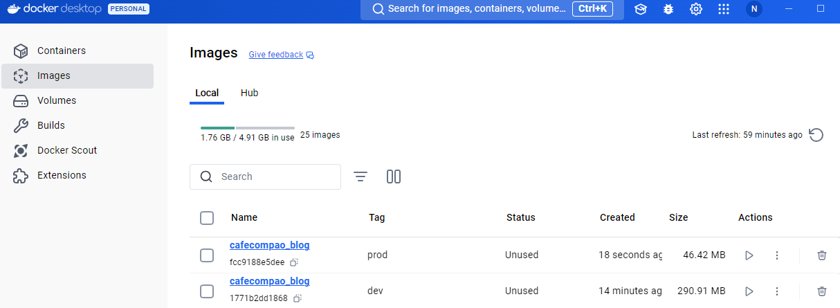 Docker Desktop listando as imagens cafecompao_blog:prod com 46.42 MB e cafecompao_blog:dev com 290.91 MB