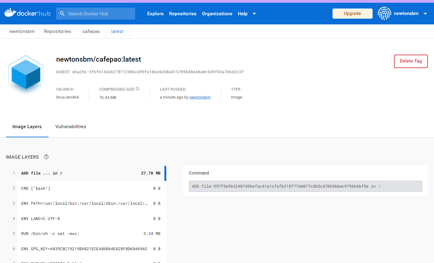 Página do Docker Hub mostrando as camadas (layers) da imagem enviada