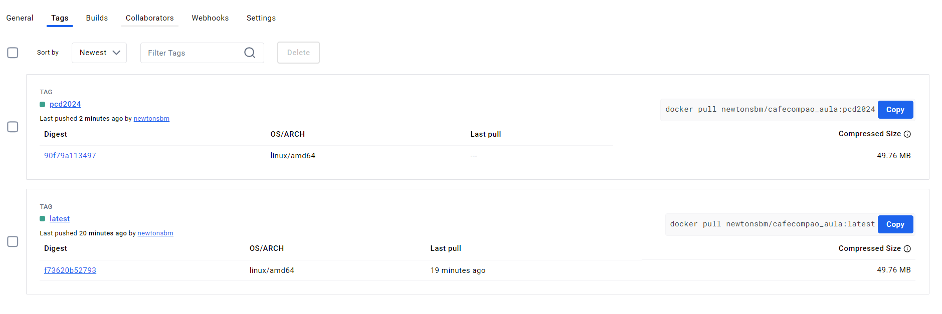 Aba Tags do Docker Hub, mostrando as tags pcd2024 e latest com o comando docker pull de cada uma