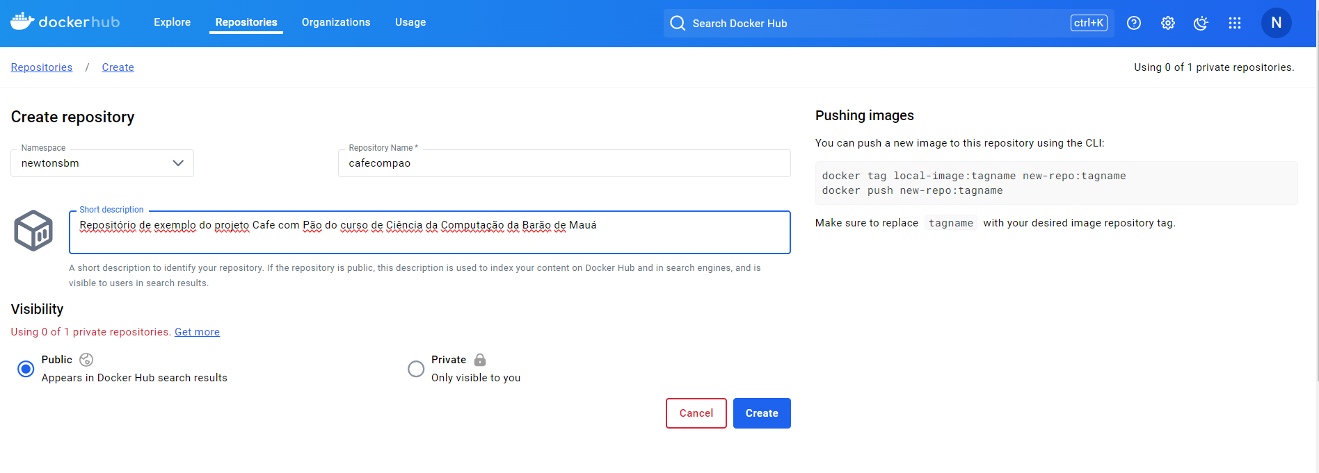 Tela do Docker Hub para criar um novo repositório, com namespace e nome preenchidos