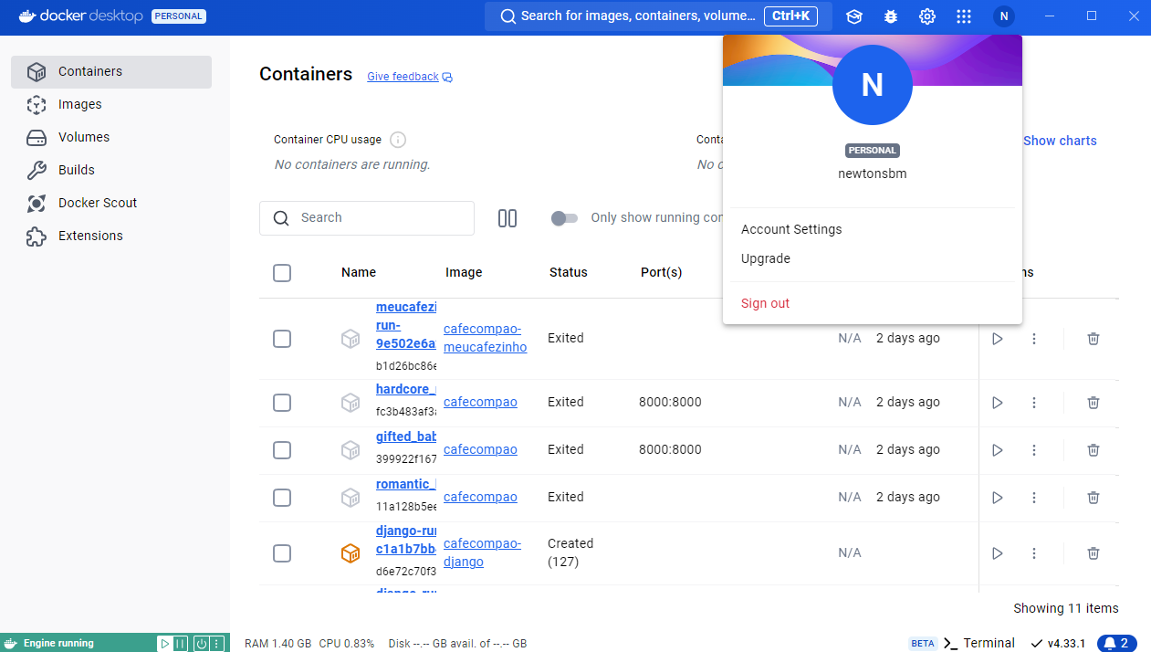 Docker Desktop com o menu de conta aberto, mostrando o usuário logado