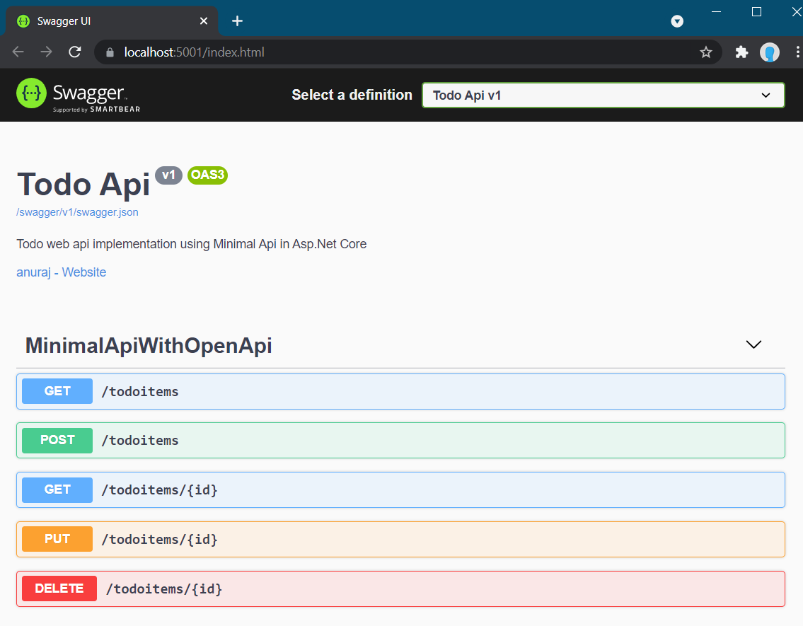 Swagger UI documentando os endpoints de uma Todo API: GET, POST, PUT e DELETE