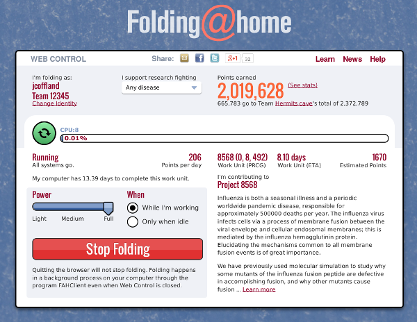 Interface do Folding@home, mostrando pontos ganhos contribuindo com a simulação de dobramento de proteínas