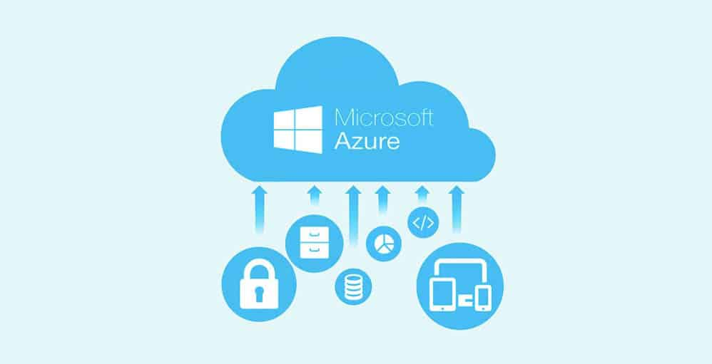 Logo da Microsoft Azure com ícones de segurança, armazenamento, banco de dados, código e dispositivos